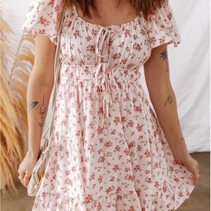 Floral Tie-Waist Midi Dress in Blush Pink